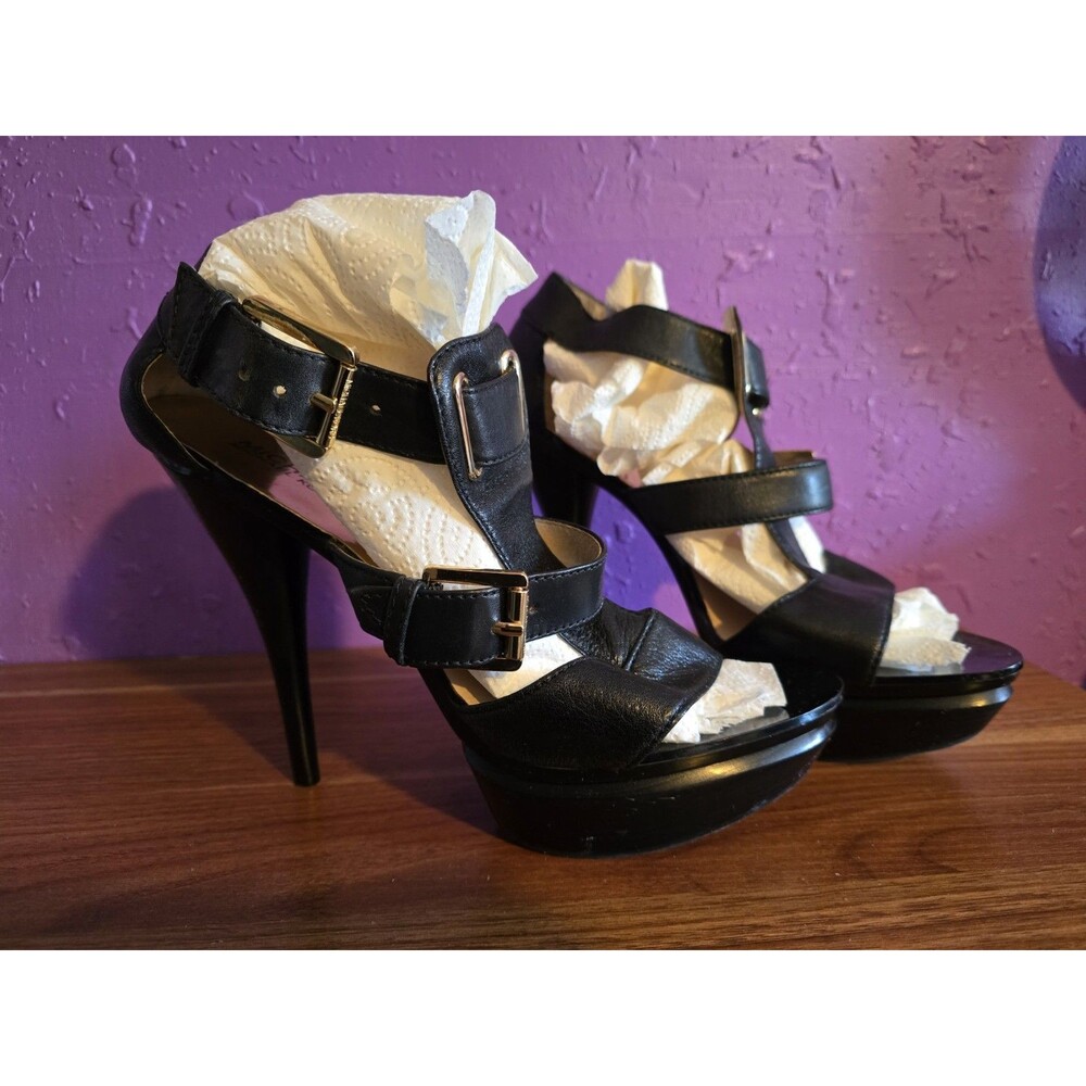 MICHAEL Michael Kors Black Leather Strappy Buckle Platform Stilettos - Size 10M - Picture 2 of 11